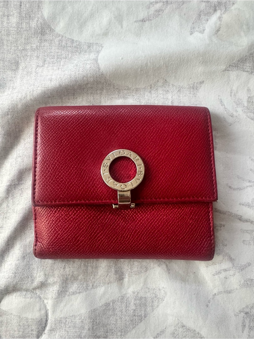 Bulgari Deep Red Textured Leather Wallet with Signature Circle Clasp